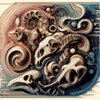 AI generated image. Abstract swirling shapes in muted tones that take on the shape of fossil skeletons.