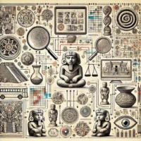 AI generated image that combines many drawn images of Mexican style antiquities with random lines and magnifying glasses. The impression is that it is a research notebook of some kind.